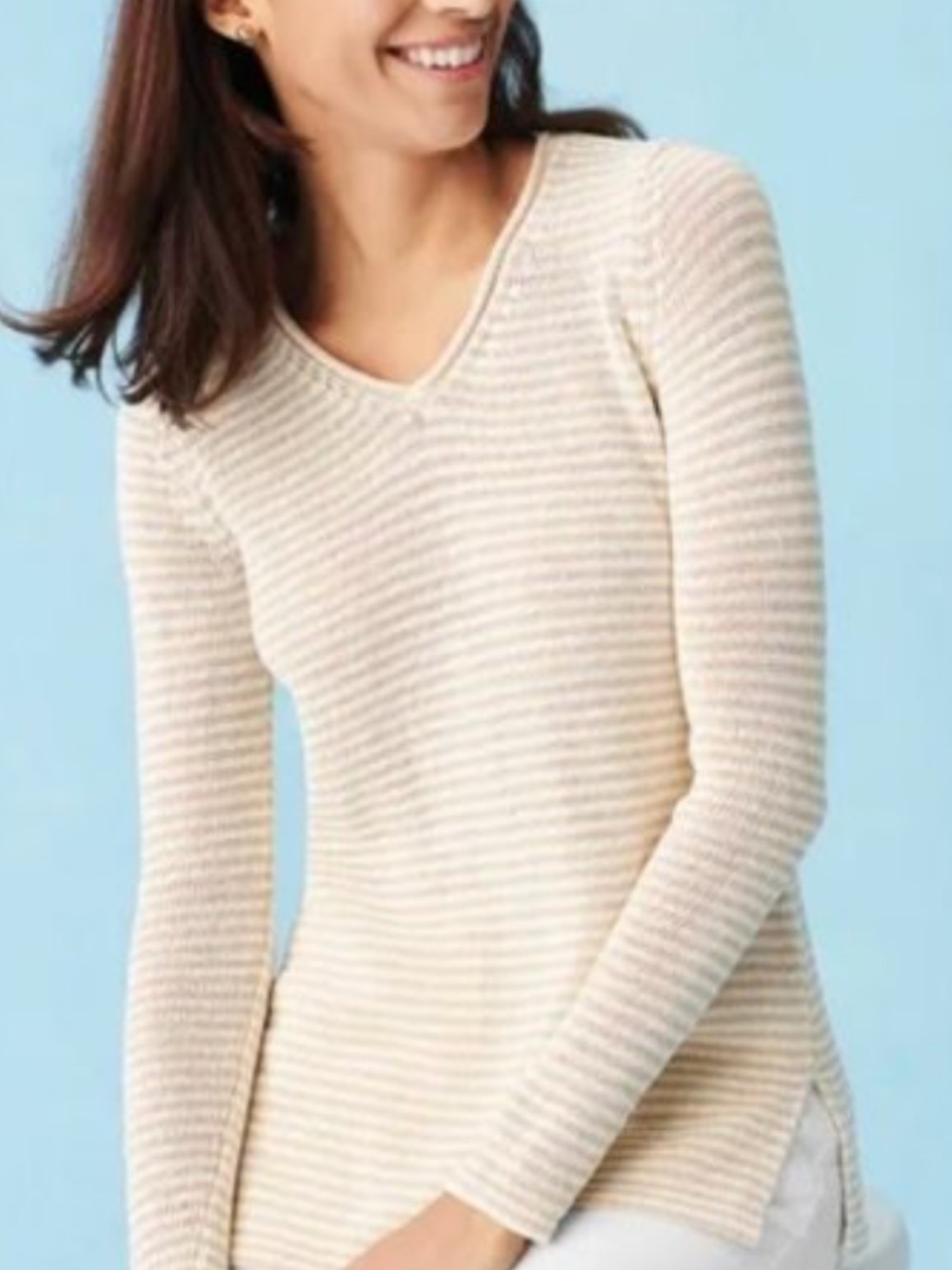V-Neck Lightweight Ribbed Long-Sleeve Sweater - Cream Stripe